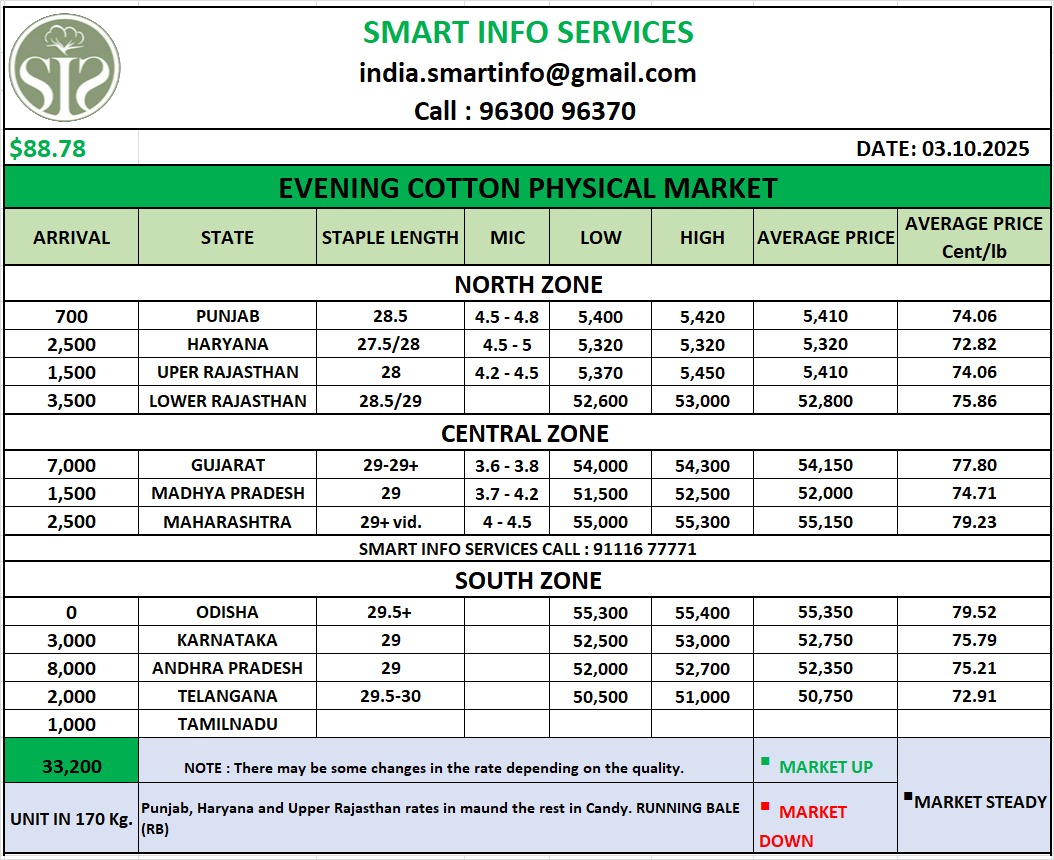 EVENING COTTON PHYSICAL MARKET