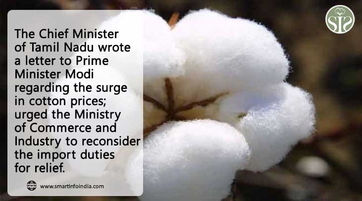 Tamil Nadu Chief Minister writes to PM Modi regarding the spurt in cotton prices; Urges to withdraw import duty for relief to MSMEs
