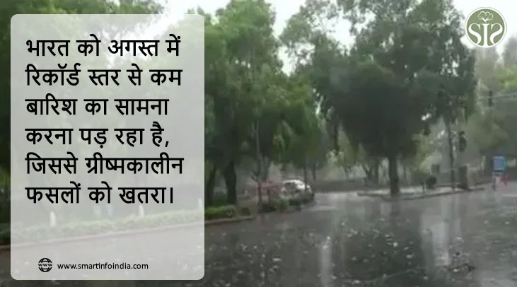 भारत को अगस्त में रिकॉर्ड स्तर से कम बारिश का सामना करना पड़ रहा है, जिससे ग्रीष्मकालीन फसलों को खतरा।