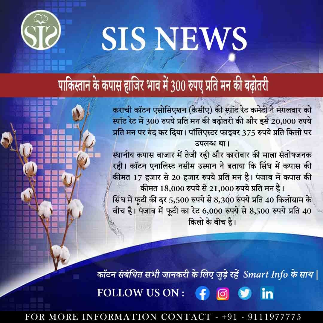 Pakistan's cotton spot price hiked by Rs 300 per head