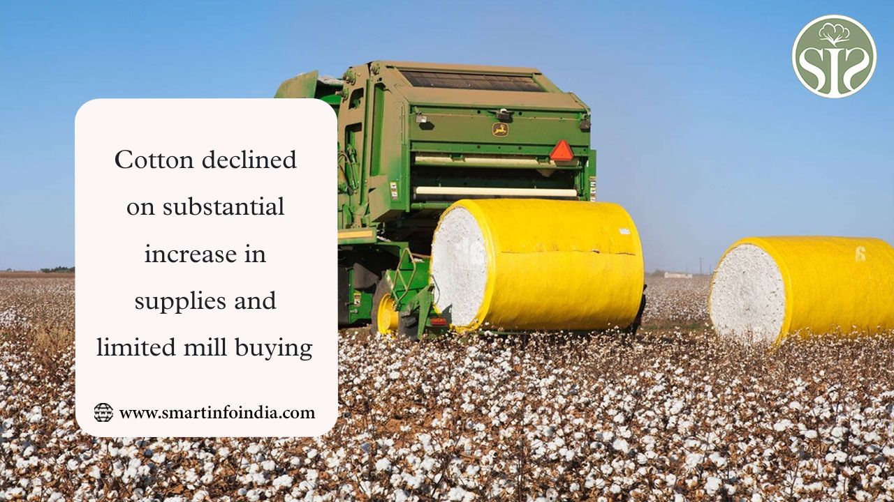 Cotton declined on substantial increase in supplies and limited mill buying .